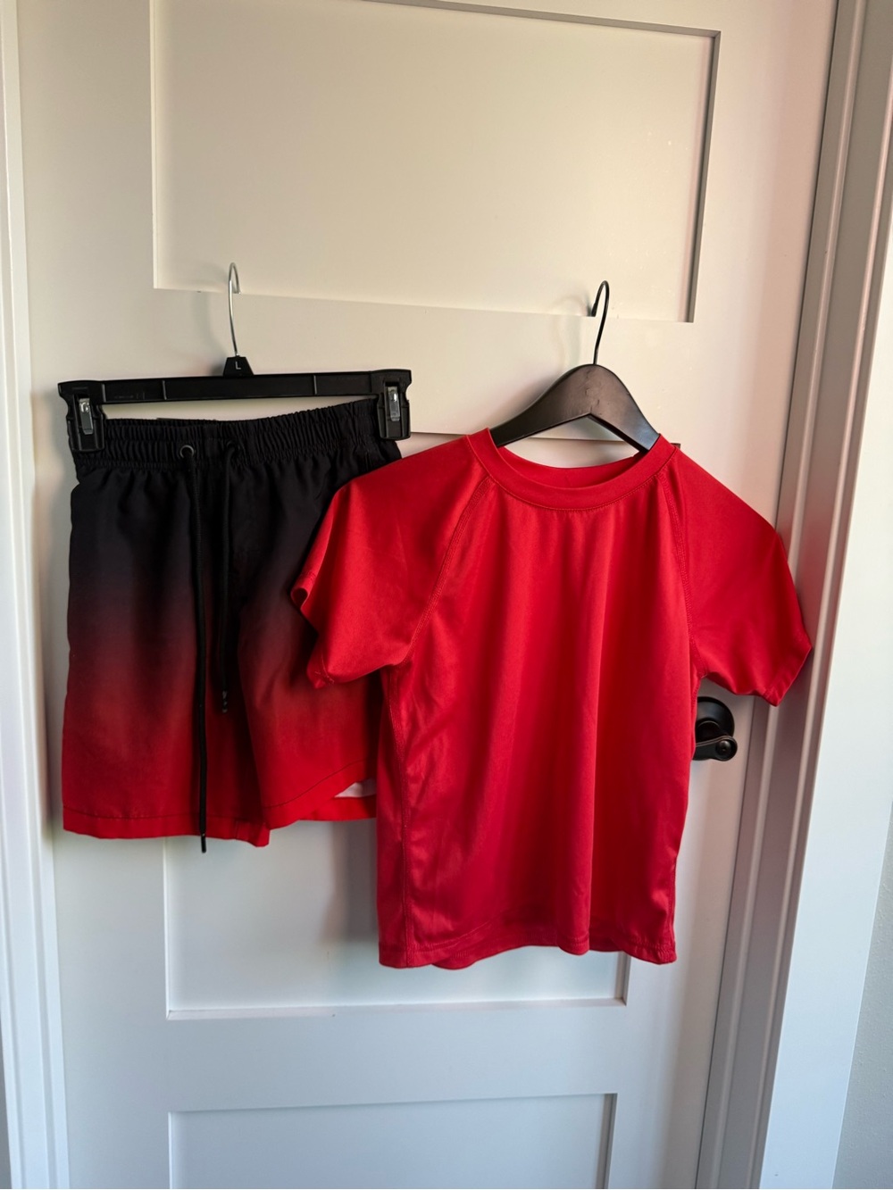 Kanu Surf Red Tee with Black-to-Red Ombre Swim Trunks Set